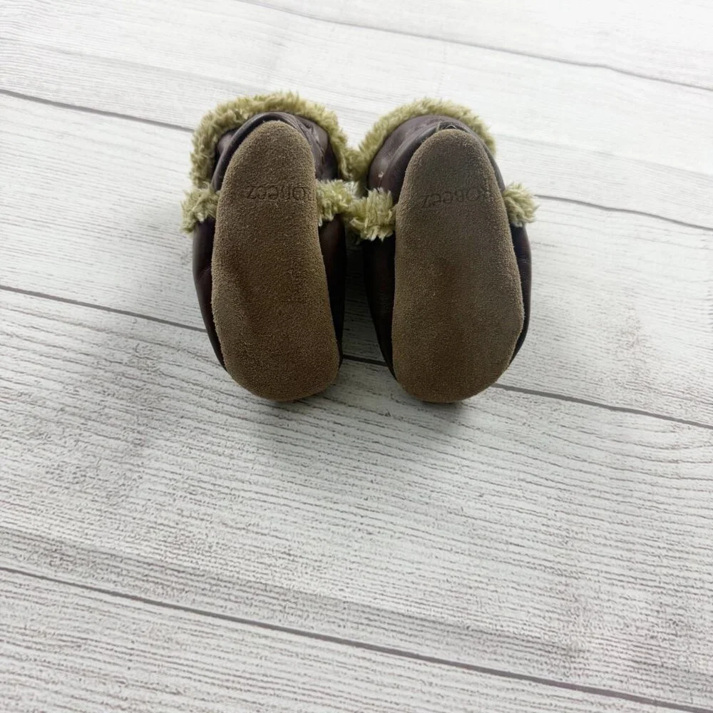 Robeez Baby Booties Brown Leather Moccasins Faux Fur Lined Soft Sole 0-6 Months